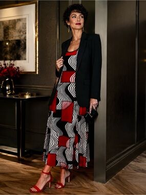 Vamp Ultra-Bold Op-Art Midi Dress--Black/White/Red 🖤🤍❤️ Bundle & Save-Pull-on